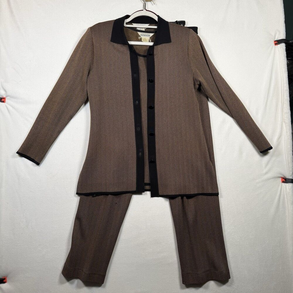 Misook 3 Pc Travel Set Small Brown Black Chevron Knit Jacket Tank Pants Stretch